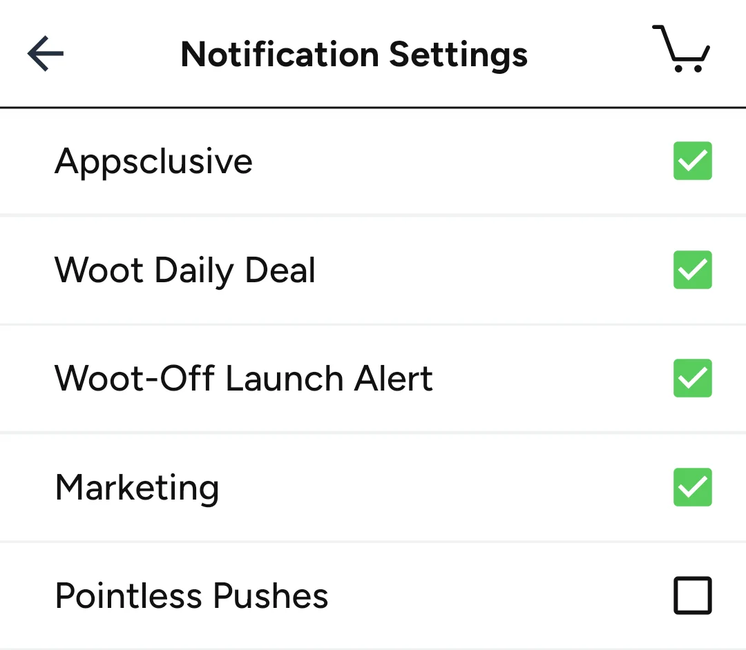 The Notification Settings screen in the Woot! app, listing Appsclusive, Woot Daily Deal, Woot-Off Launch Alert, Marketing, and Pointless Pushes, each with a checkbox.