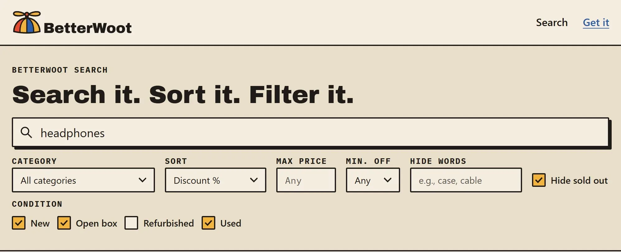 BetterWoot Search with "headphones" typed in, sorted by Discount %, with Hide sold out checked and Refurbished unchecked.