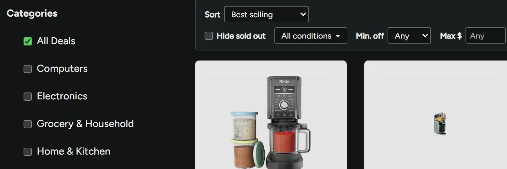 Woot!'s All Deals list in BetterWoot's dark mode: dark backgrounds and light text, with product photos on light cards.