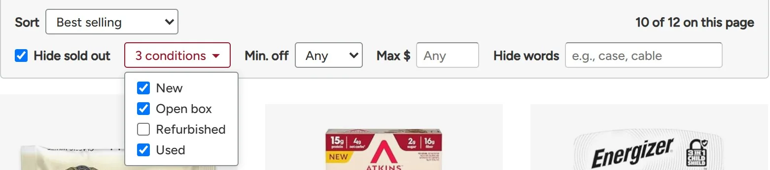 BetterWoot's filter bar on woot.com's All Deals list, with Hide sold out checked and the condition menu open, Refurbished unchecked.