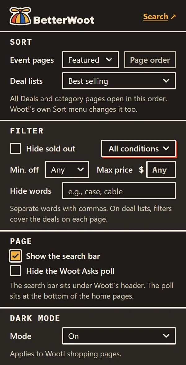 The BetterWoot settings popup, with sections for Sort, Filter, Page, and Dark mode, which is set to On.