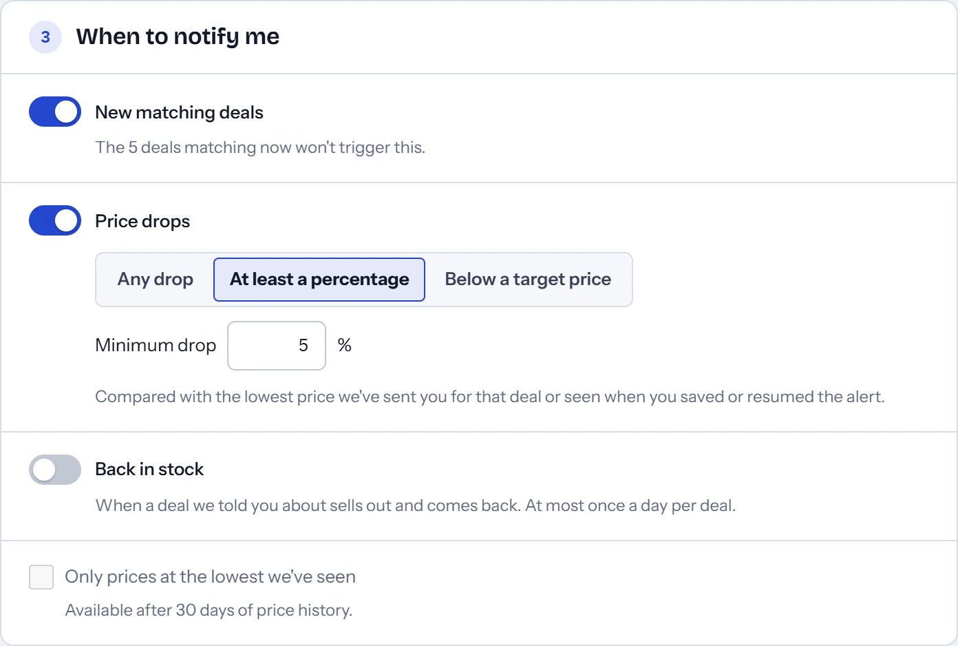 The When to notify me section of the alert builder, with New matching deals and Price drops switched on, a minimum drop of 5%, and Back in stock switched off.